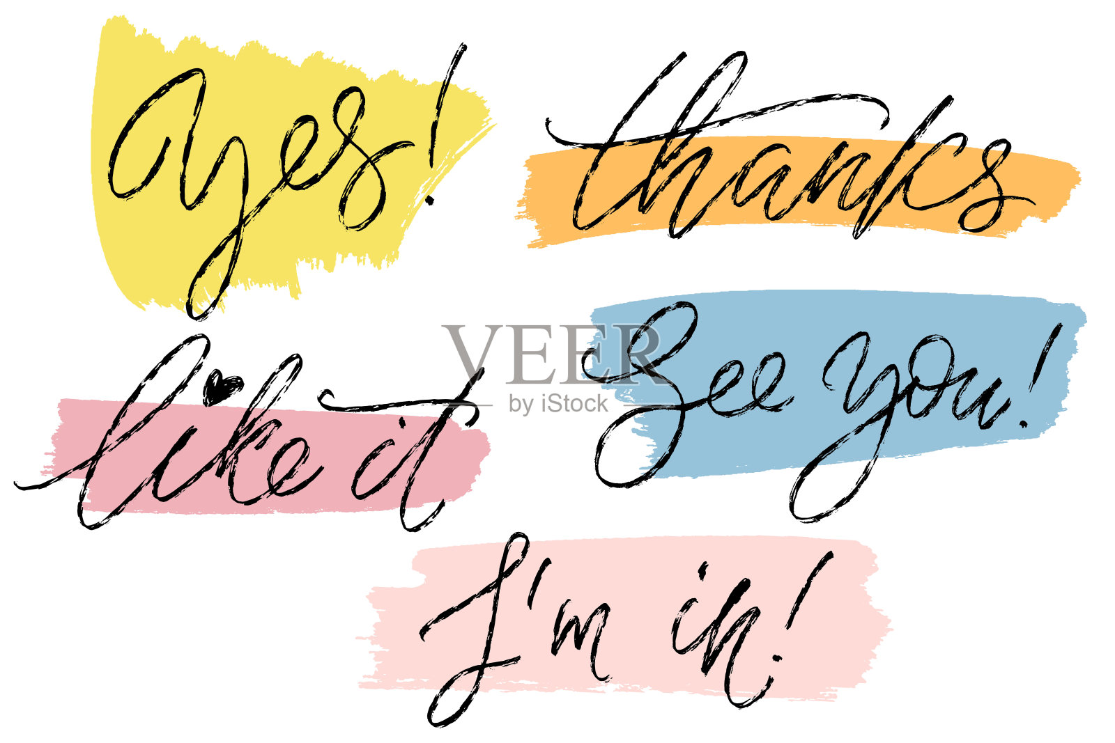 常见的手写文字。是的，谢谢，喜欢，再见，我加入。手绘创意书法和毛笔字母与彩色笔画笔画。插画图片素材