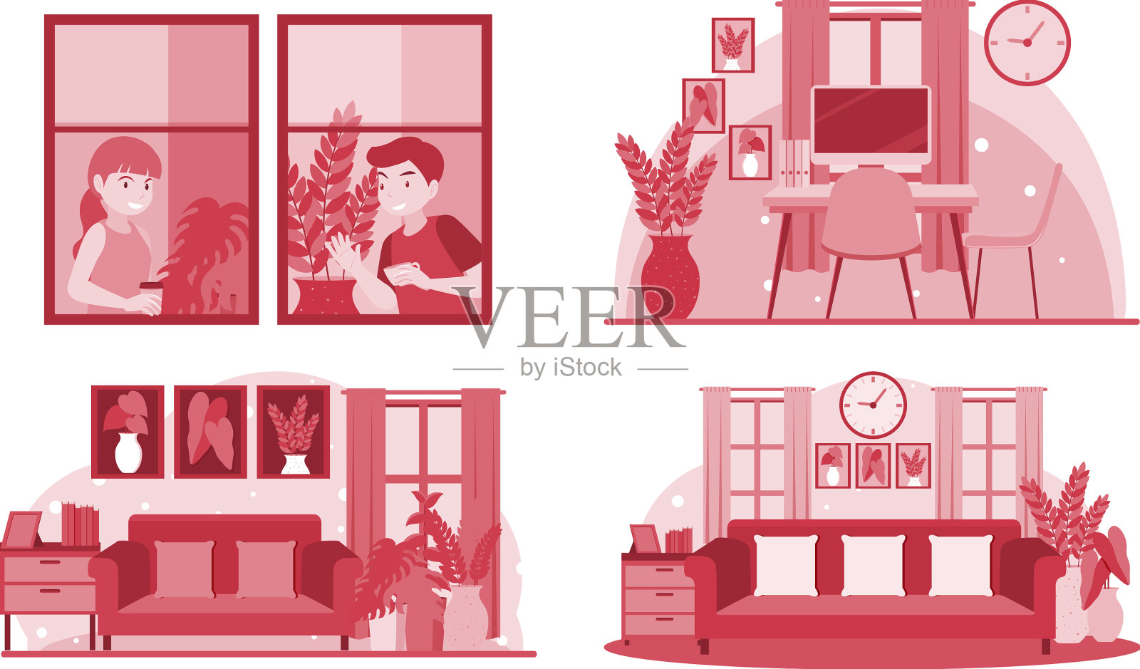 四个场景的人在家里工作插画图片素材