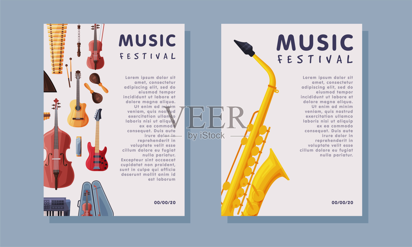 现场音乐节传单或横幅与吉他和萨克斯管向量集设计模板素材