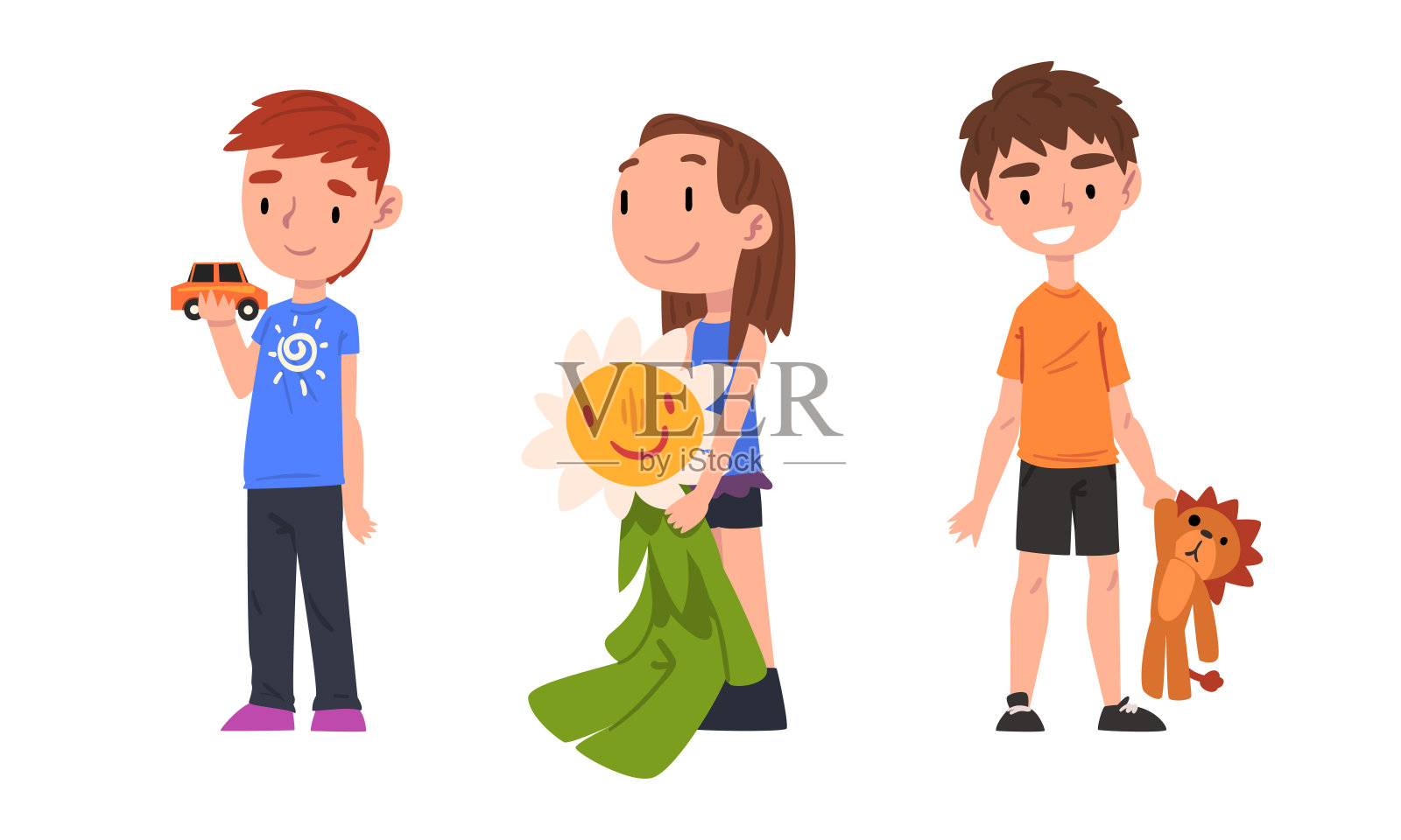 小男孩和女孩抱着最喜欢的玩具车和狮子向量集设计元素图片