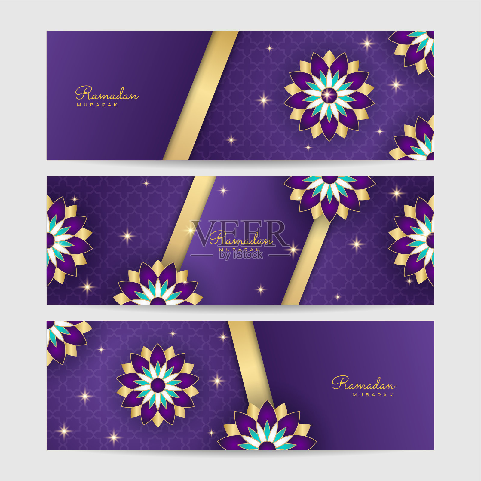 斋月卡里姆旗帜背景。伊斯兰斋月节日设计模板有金新月、手绘文字和清真寺。矢量插图。插画图片素材