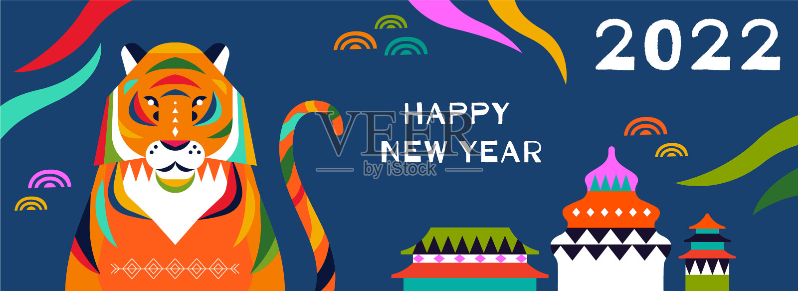 2022年中国新年彩色几何虎牌插画图片素材