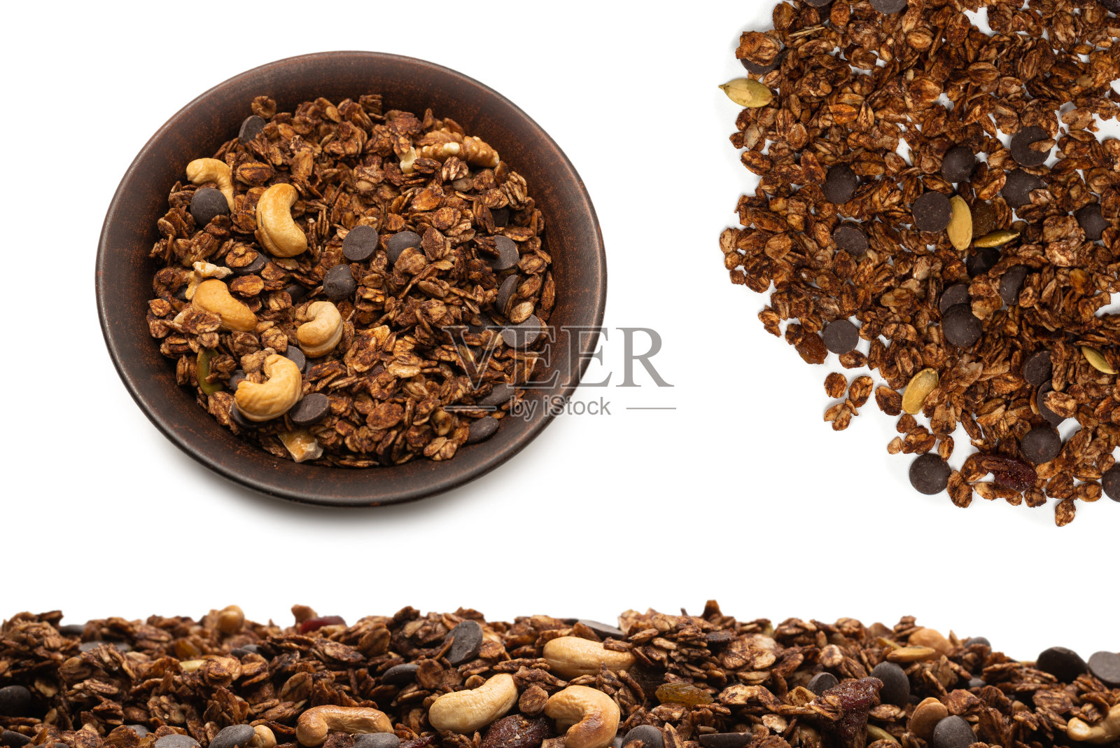 以坚果为背景的巧克力麦片。照片摄影图片