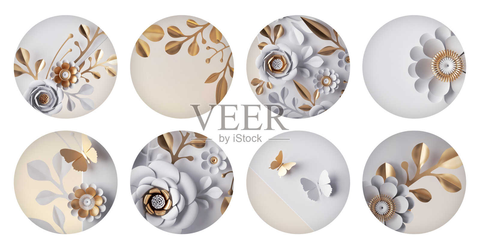 3d插图，一套圆形花贴纸或标签孤立在白色背景上。白金色纸玫瑰花照片摄影图片