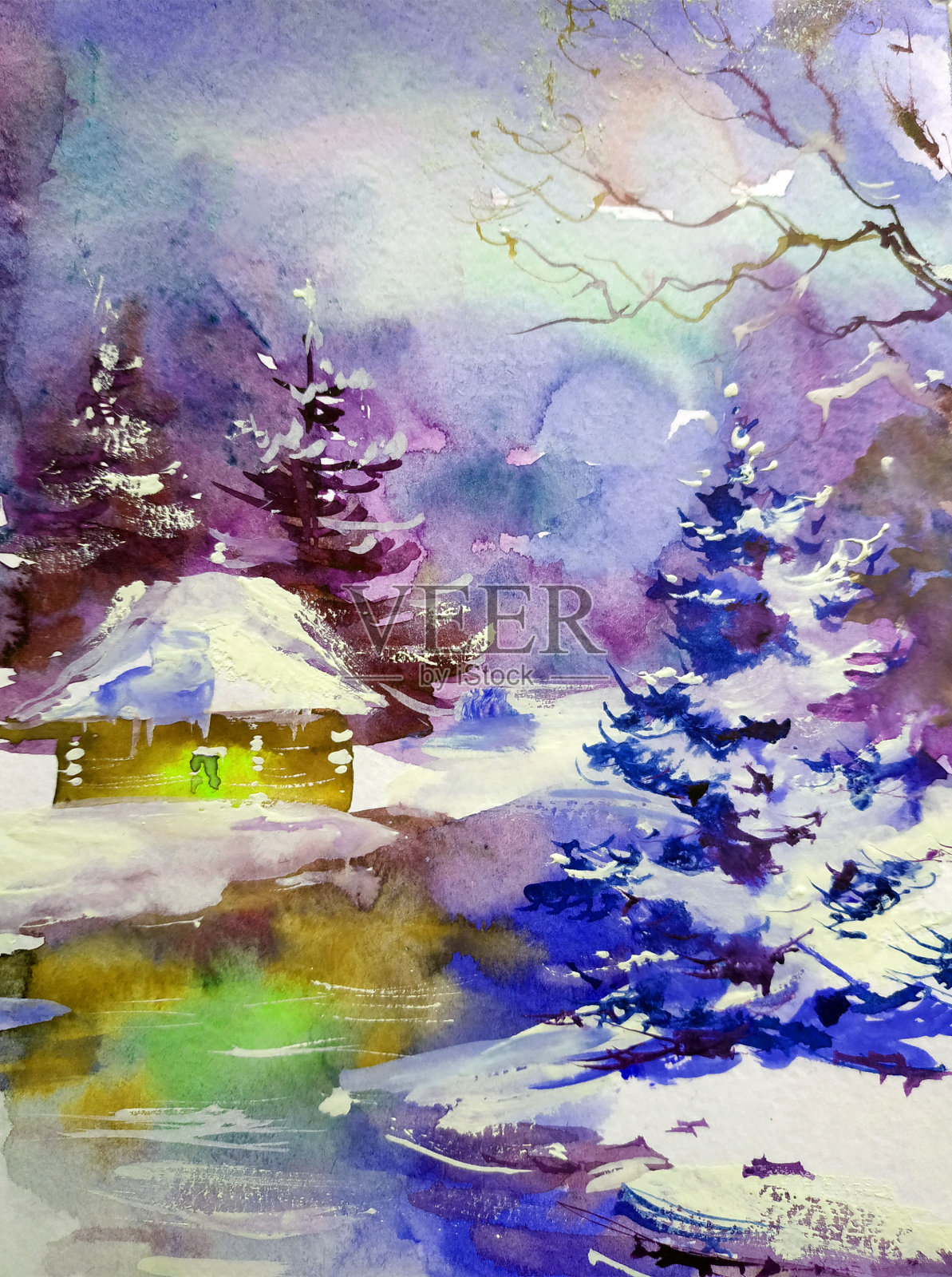 水彩彩色明亮纹理抽象背景手工制作。乌克兰。景观。乡村建筑和植被的绘画插画图片素材