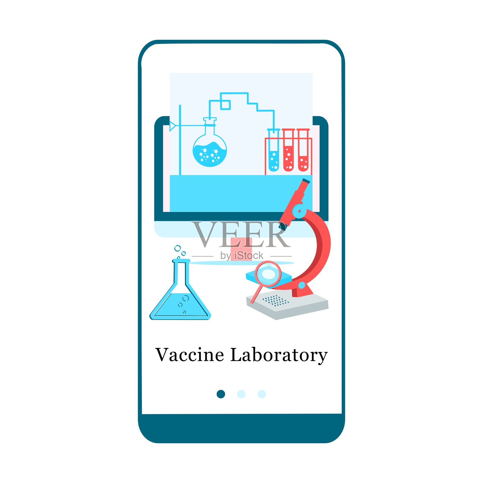 疫苗实验室，疫苗研究和疫苗接种，医学研究的应用设计。UI开机屏幕设计。等距板载移动应用程序模板页面。现代平面矢量插图。插画图片素材