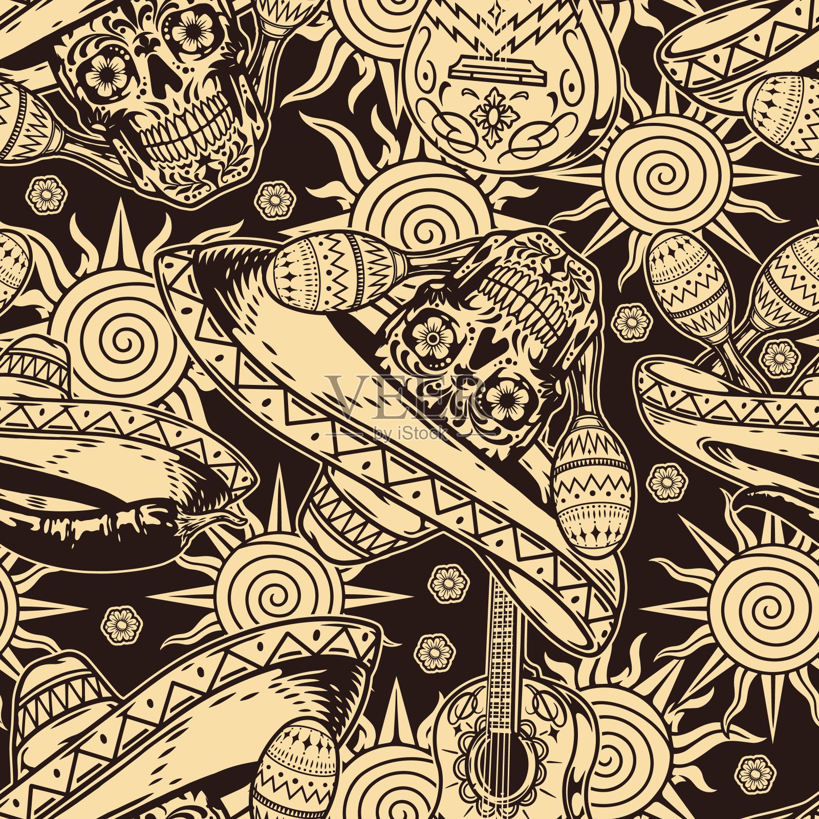 卡拉维拉单色复古贴纸图案插画图片素材