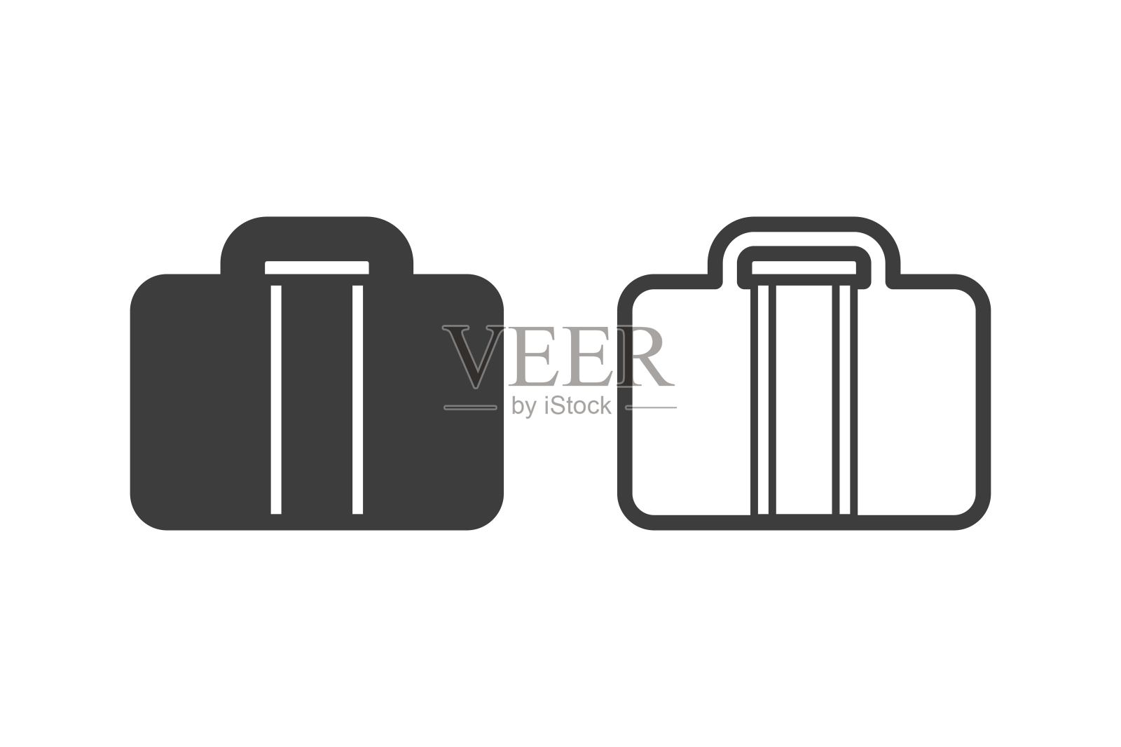 手提行李平面矢量插图字形风格设计与2风格图标黑色和白色。孤立的白色背景。图标素材