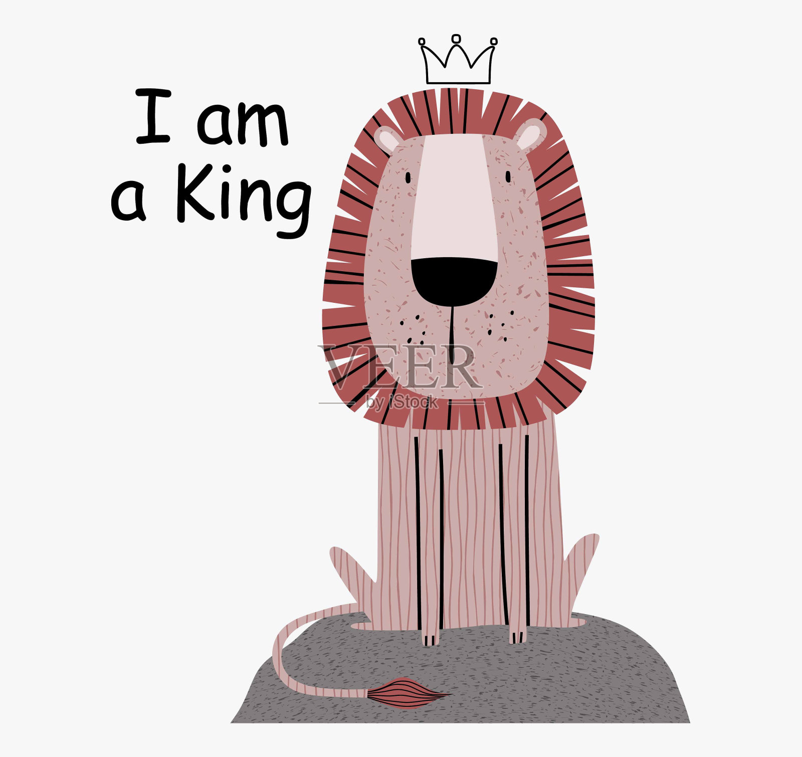 一只戴着皇冠的可爱的狮子。白色背景上的孤立对象。斯堪的纳维亚风格的平面设计。儿童印刷概念。插画图片素材