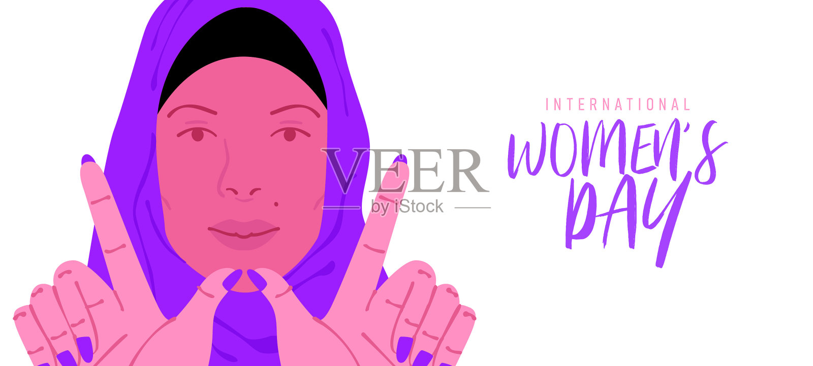 妇女节穆斯林妇女脸卡通卡片设计元素图片