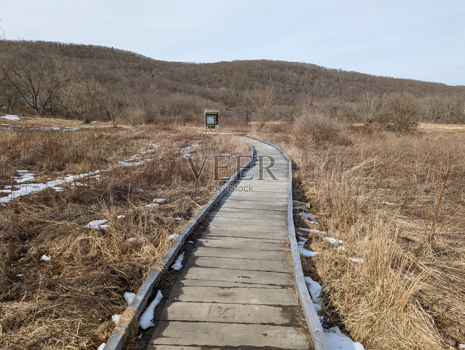 穿过冰冻湿地的木板路照片摄影图片