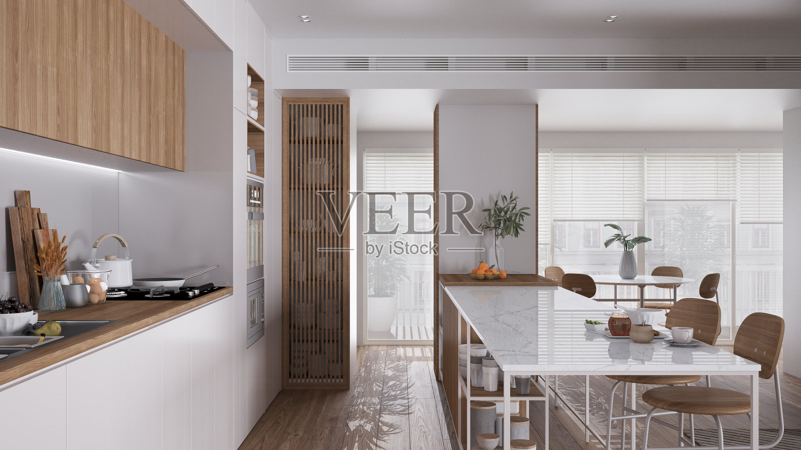 舒适的白色和木制厨房在现代公寓，岛屿与凳子，拼花地板。烤箱，炉子，水槽和配件，带锅的灶台，早餐。当代室内设计理念照片摄影图片