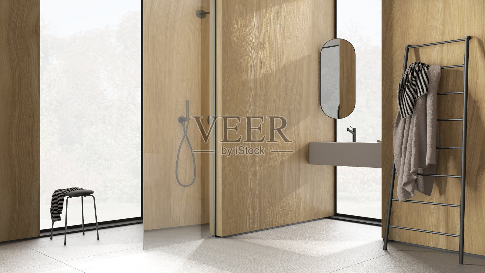 舒适的现代简约浴室，木墙，洗脸盆，镜子和配件，淋浴，玻璃和凳子，瓷砖，大窗户，室内设计理念照片摄影图片