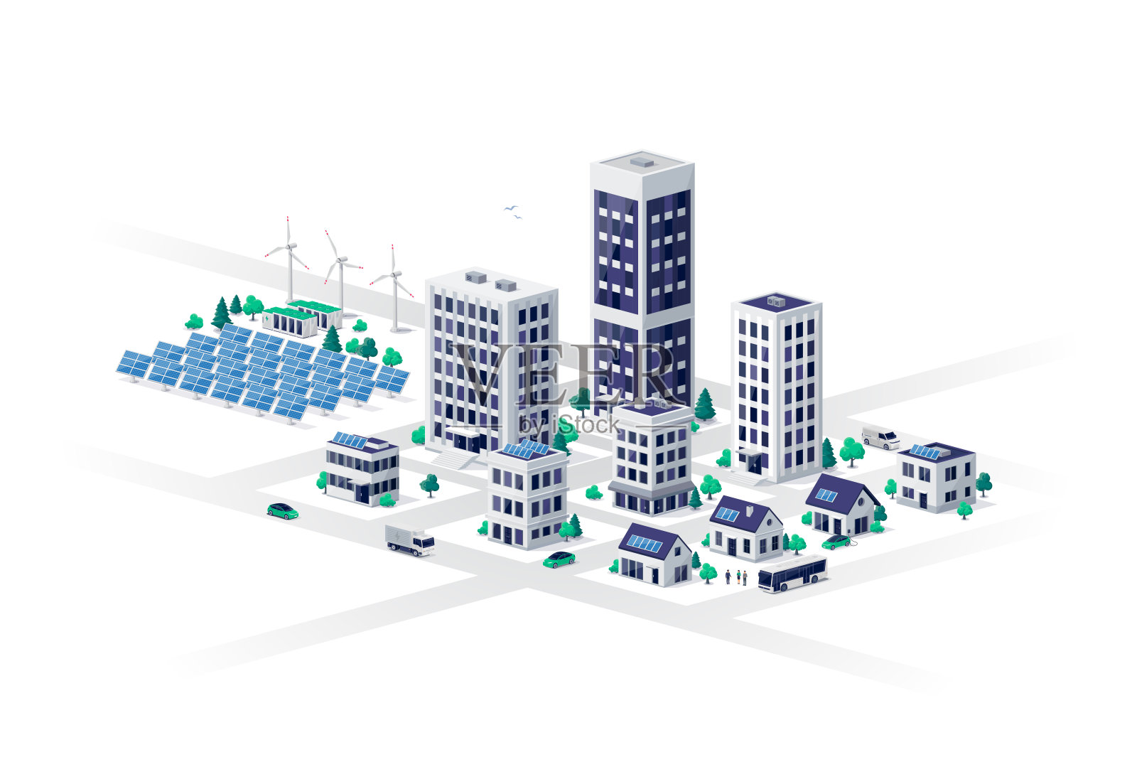 可持续发展的现代生态城市，商业住宅建筑和可再生能源插画图片素材