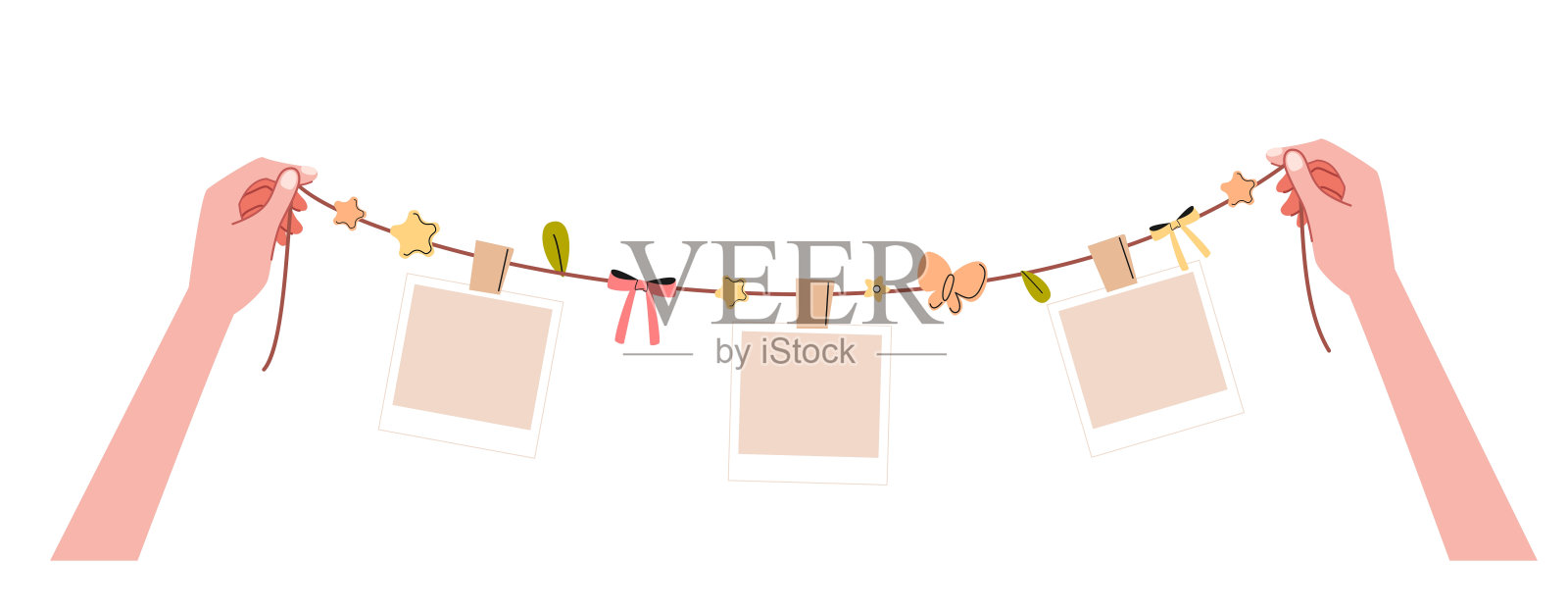 两只手抓着一根绳子装饰着空白的宝丽来照片和可爱的装饰模板平面矢量插图。一组单手的图片让人想起很多孤立的背景记忆。插画图片素材