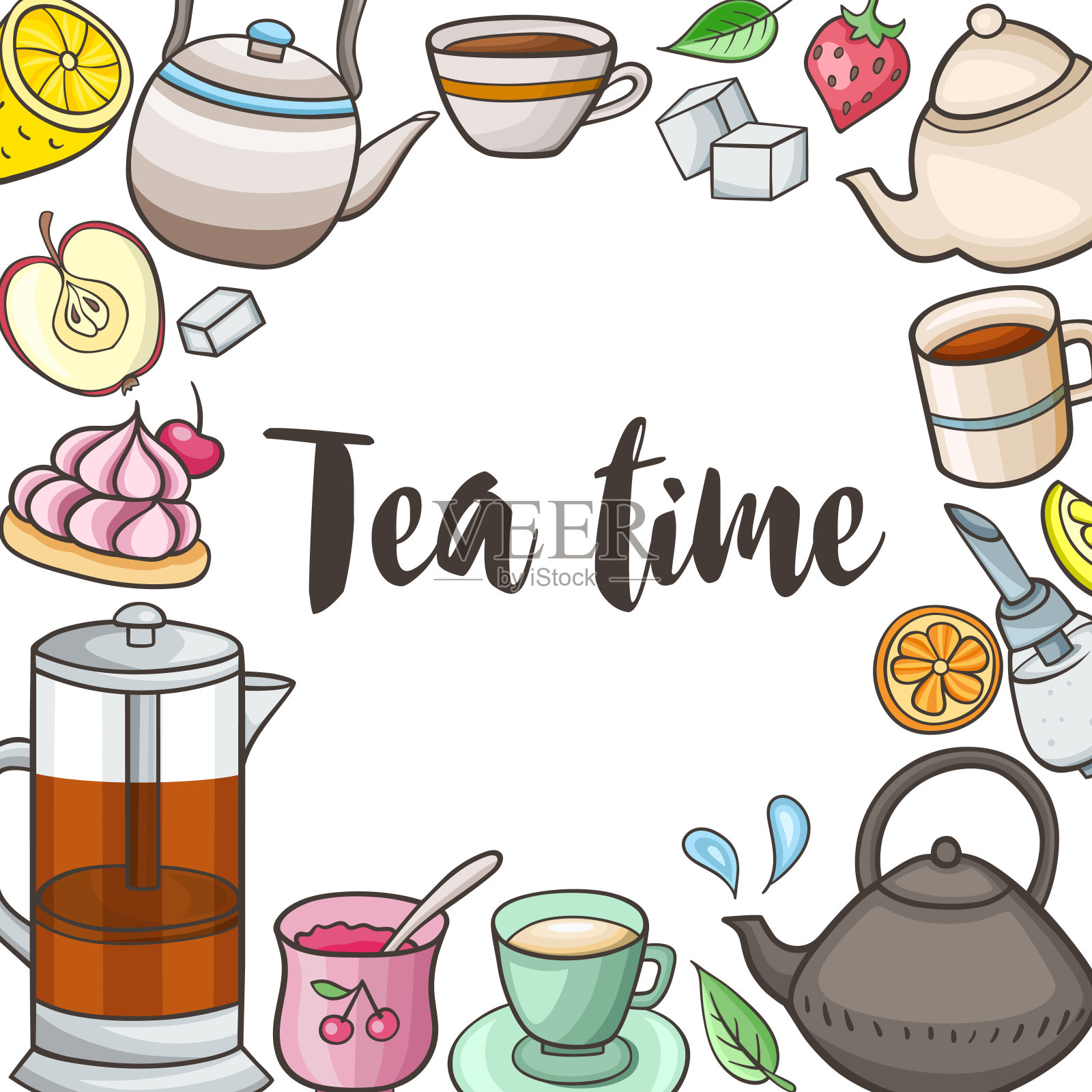 以茶和糖果为背景。插画图片素材