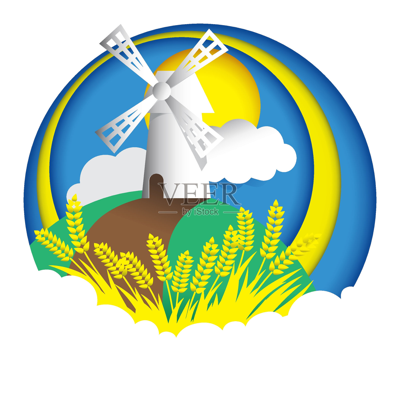 乌克兰磨坊，小穗，彩虹，云的景观插图。纸艺术。折纸的概念。插画图片素材