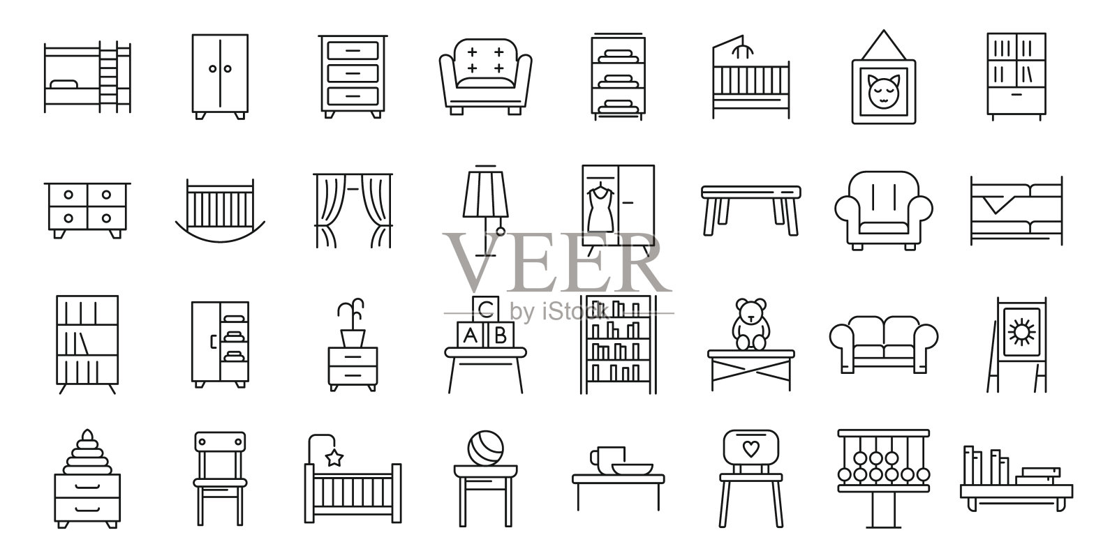 儿童房图标设置，轮廓风格图标素材