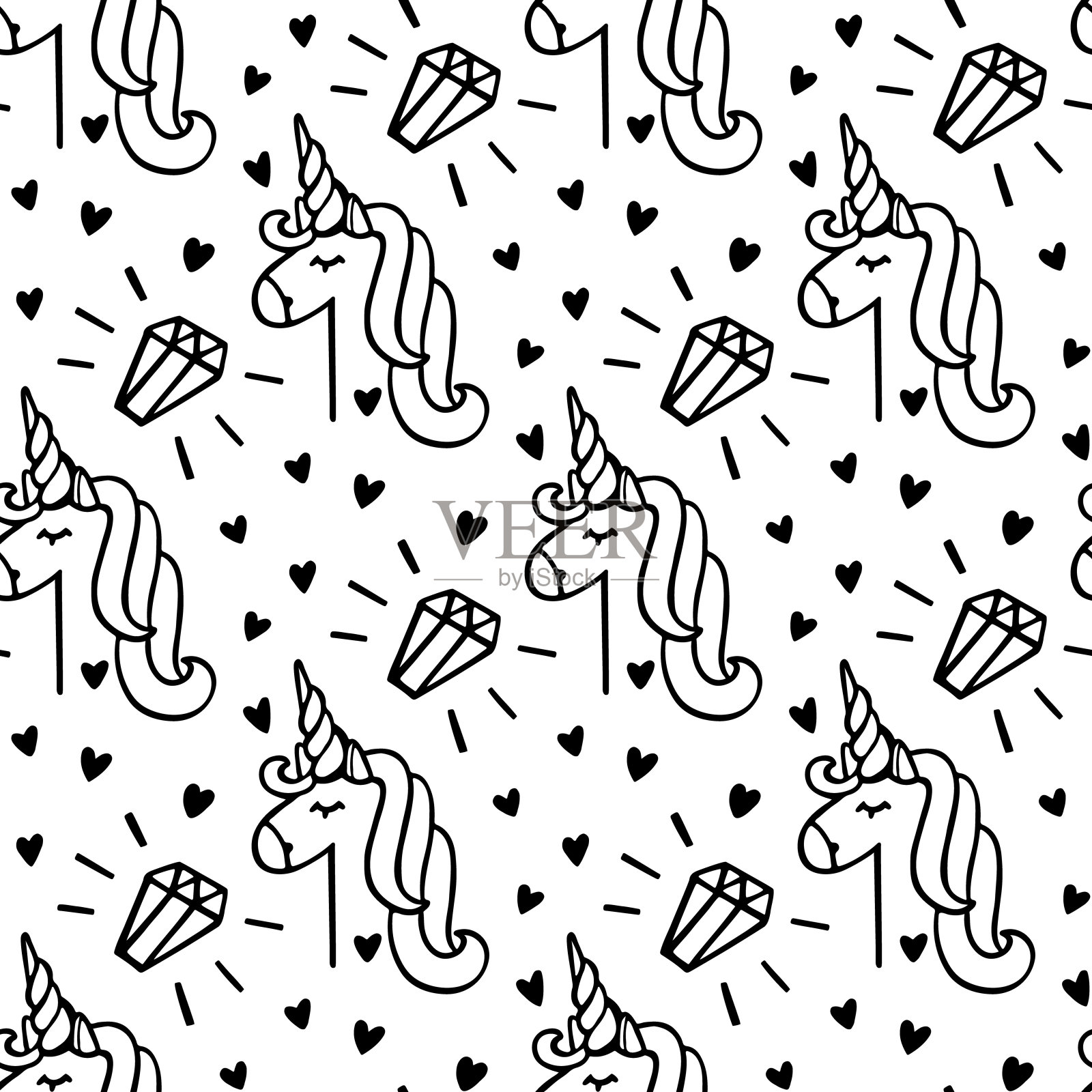 无缝模式与独角兽和水晶在白色背景。插画图片素材