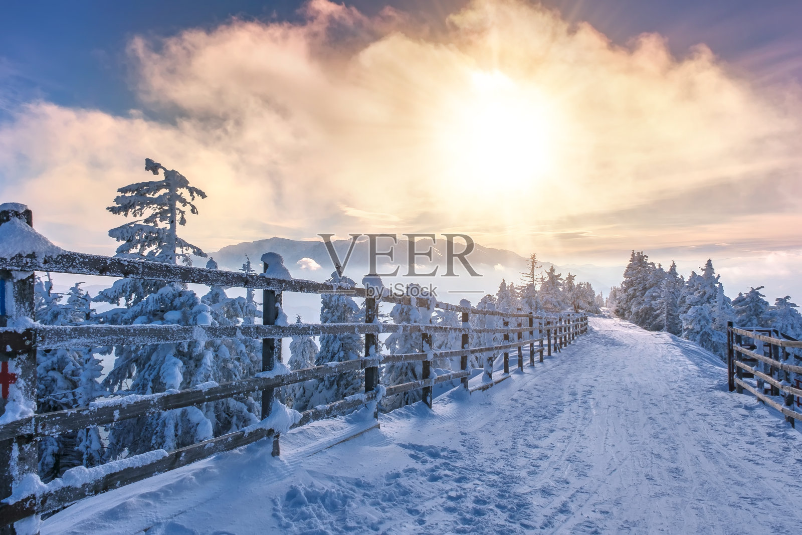 风景优美的冬季仙境。山顶上的徒步路线，冷杉树覆盖着冰冻的雪。神奇的冬季照明从移动的云照片摄影图片