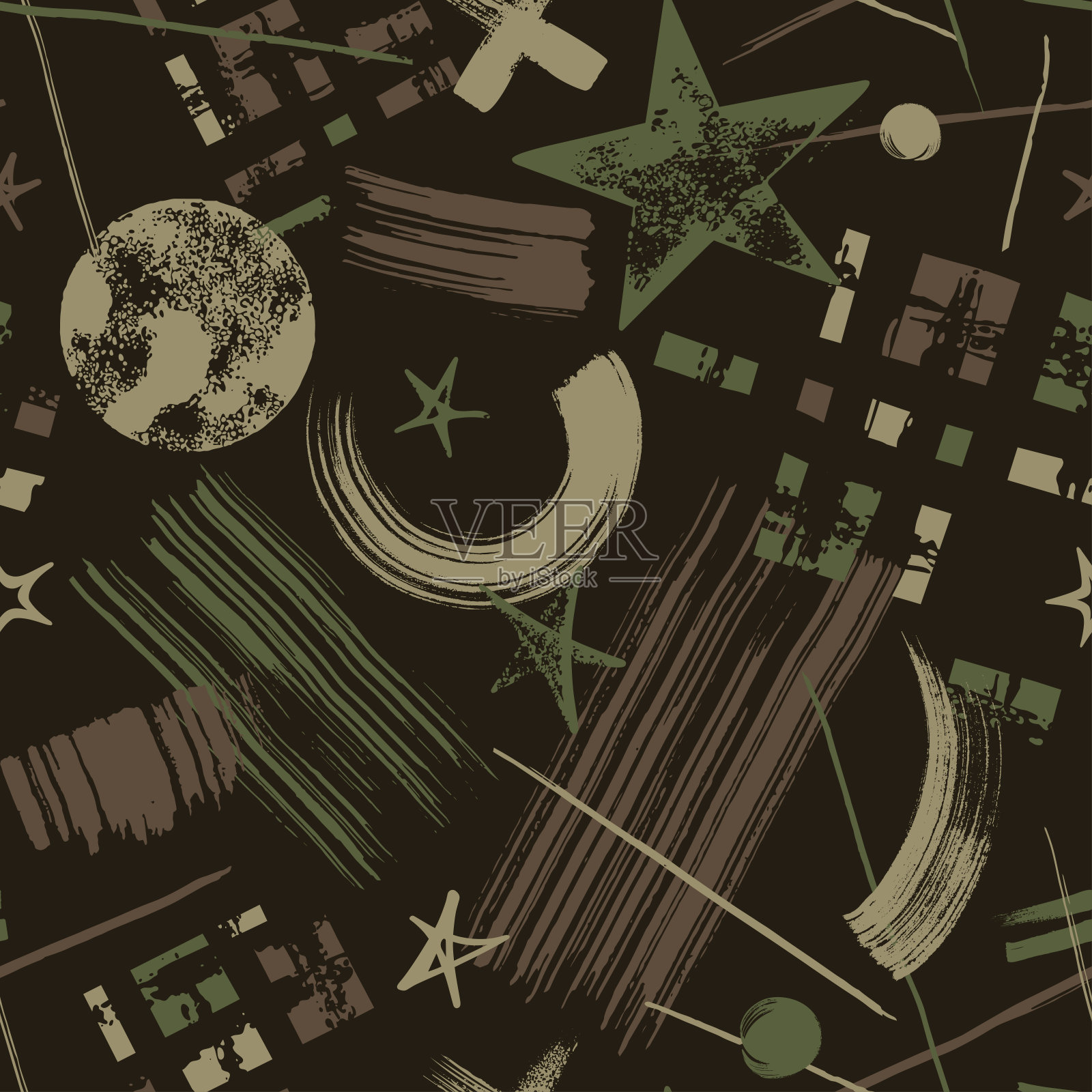 无缝的抽象图像与彩色的线条，星星，圆形，方块孤立在暗绿色的背景上。插画图片素材