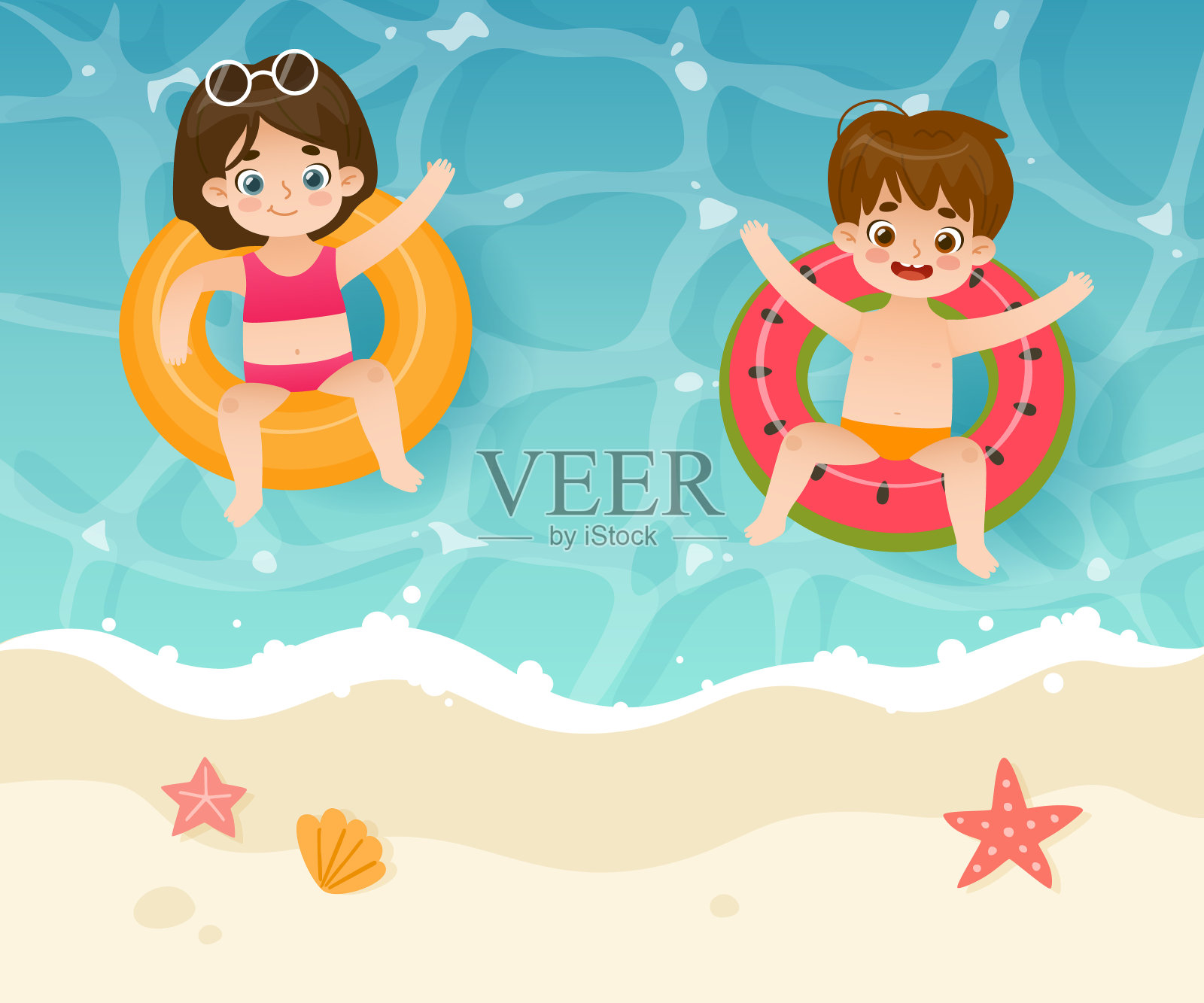 卡通孩子们戴着充气环在海里游泳。夏天的孩子们在海边度假。插画图片素材