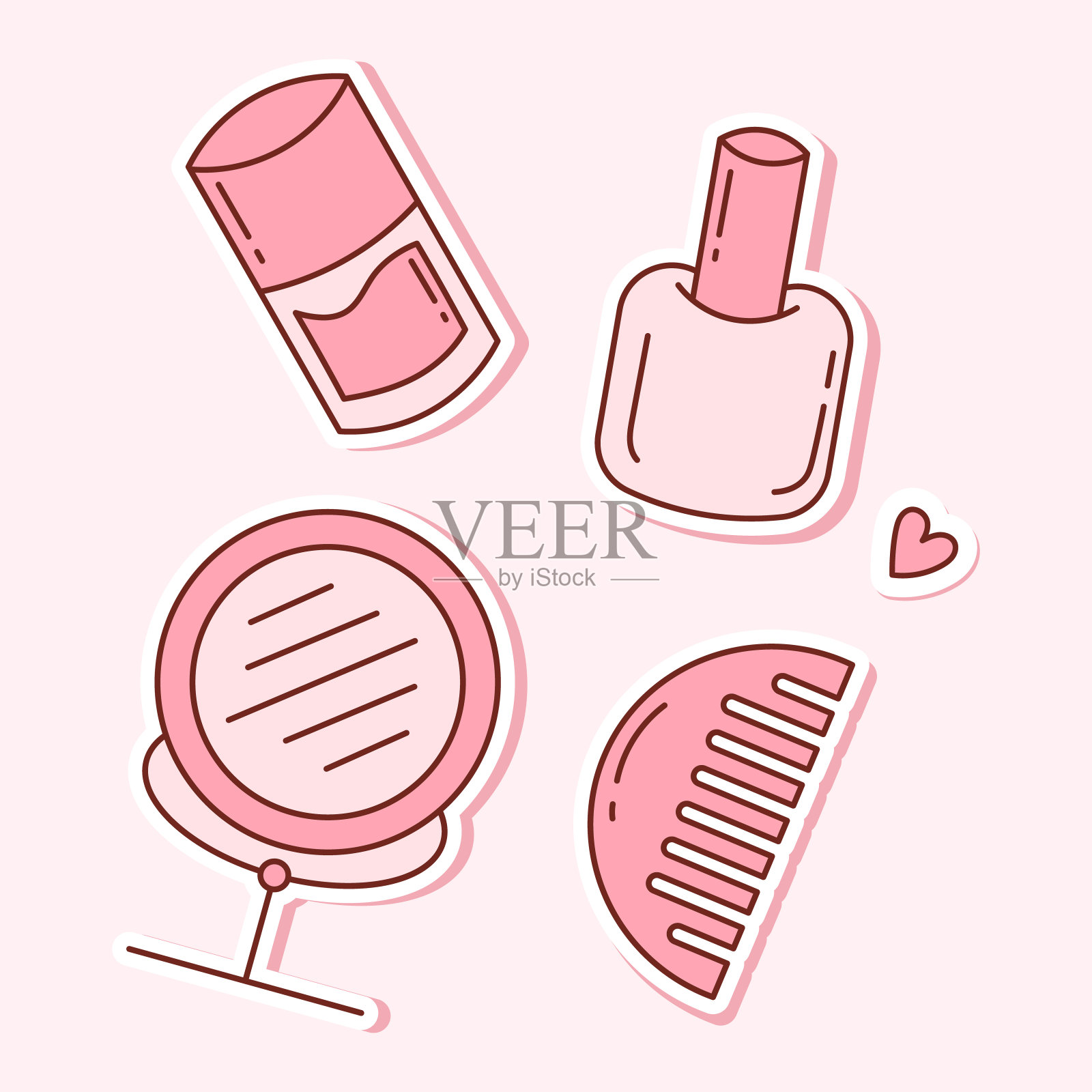 一套元素的装饰和护理化妆品。孤立在一个白色的背景。美丽和自我保健。贴纸包。插画图片素材