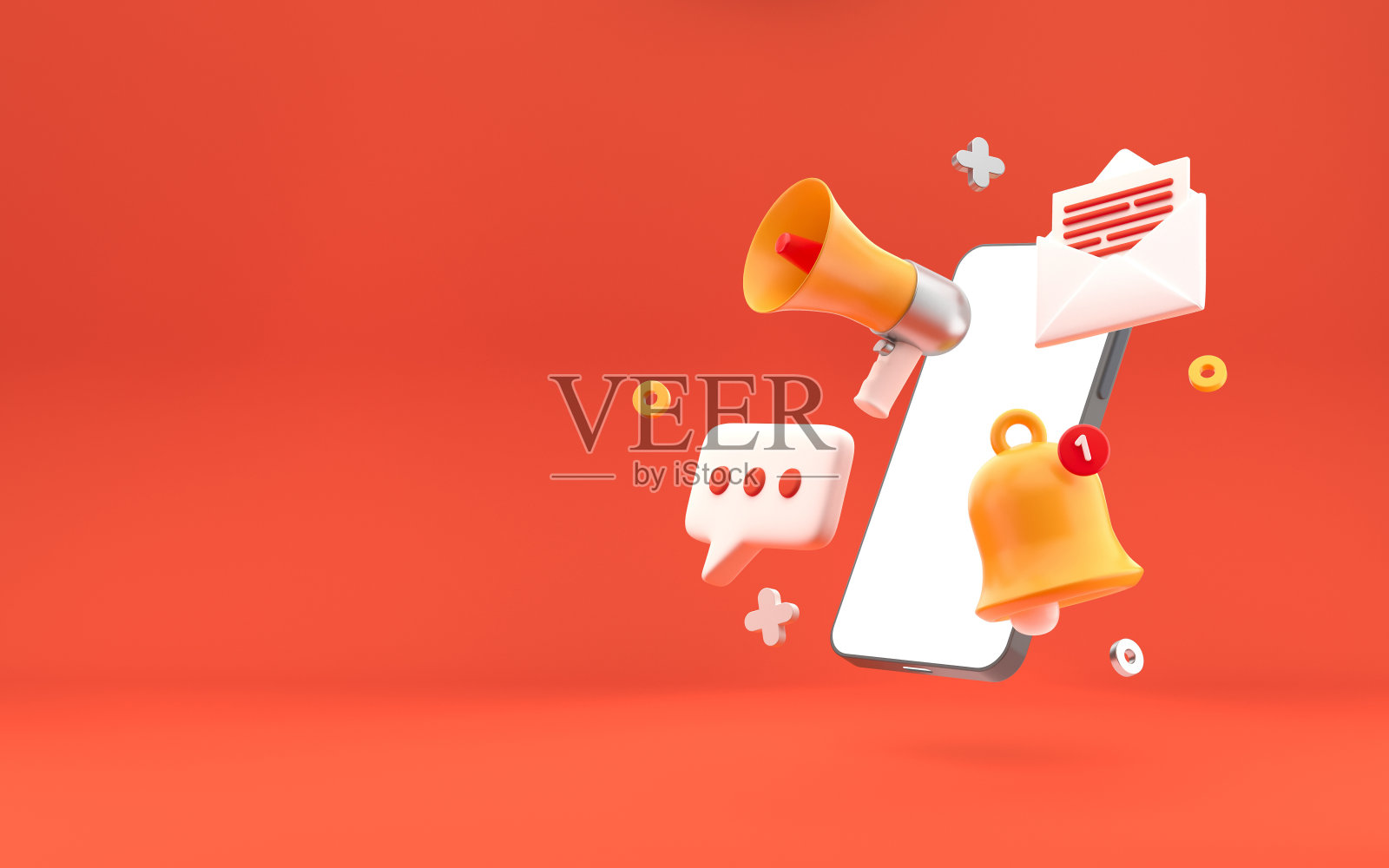 智能手机趋势社交媒体平台，在线社交通信应用的概念，信息，通知和聊天气泡漂浮智能手机在亮红色的背景。三维渲染照片摄影图片