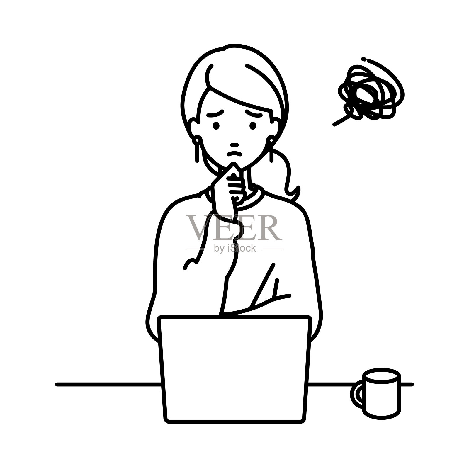 一个穿着休闲风格的女人用笔记本电脑在她的桌子上用杯子把手指放在下巴时遇到了麻烦插画图片素材