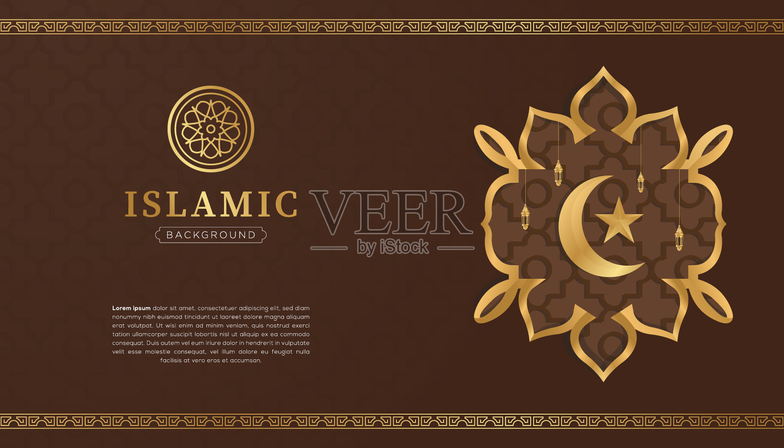 豪华伊斯兰阿拉伯装饰图案框架边框棕色和金色的背景插画图片素材