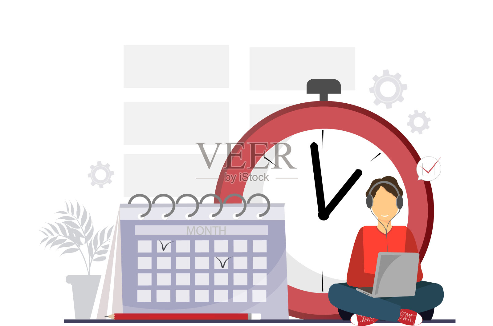 一个年轻人坐在笔记本电脑旁边工作，日历和时钟，计划和截止日期的概念，自由工作的概念，平面矢量插图设计模板素材
