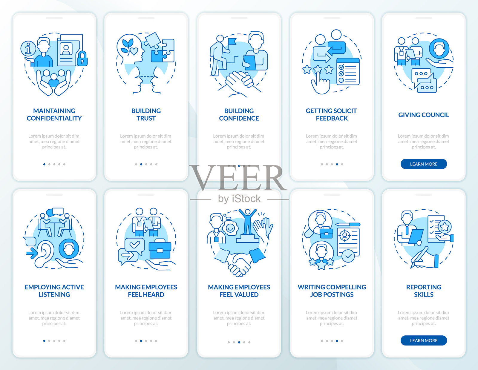 人力资源技能蓝色在职移动应用程序屏幕集设计模板素材
