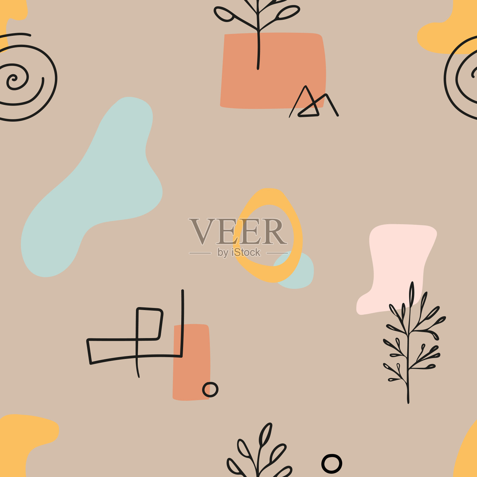 无缝图案与抽象手绘涂鸦各种形状，线，分枝，叶，点，曲线插画图片素材