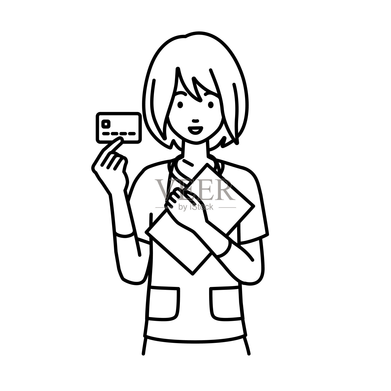 一个护士拿着信用卡和一个文件笔记本电脑插画图片素材