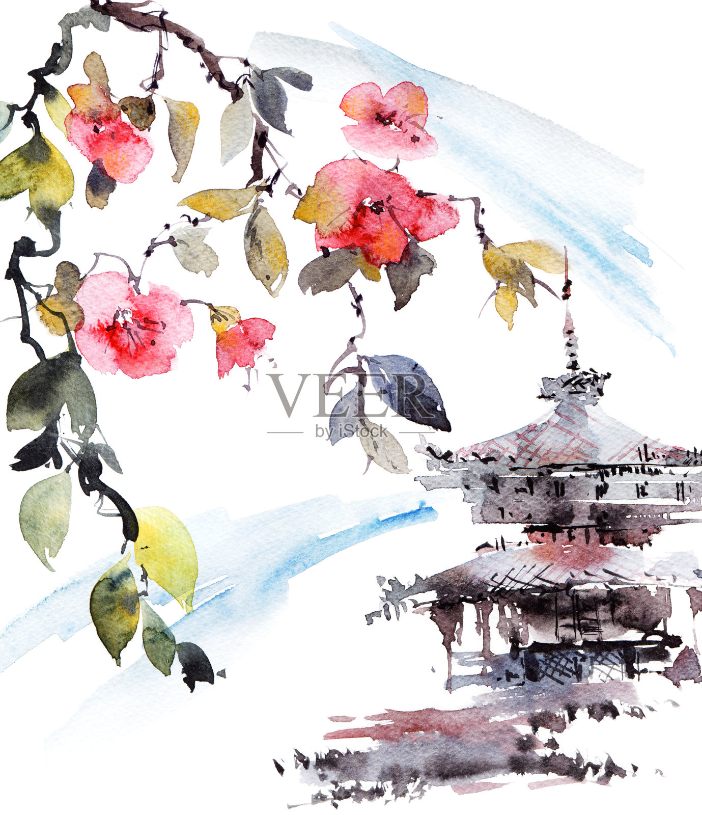 水彩宝塔和樱花枝插画图片素材