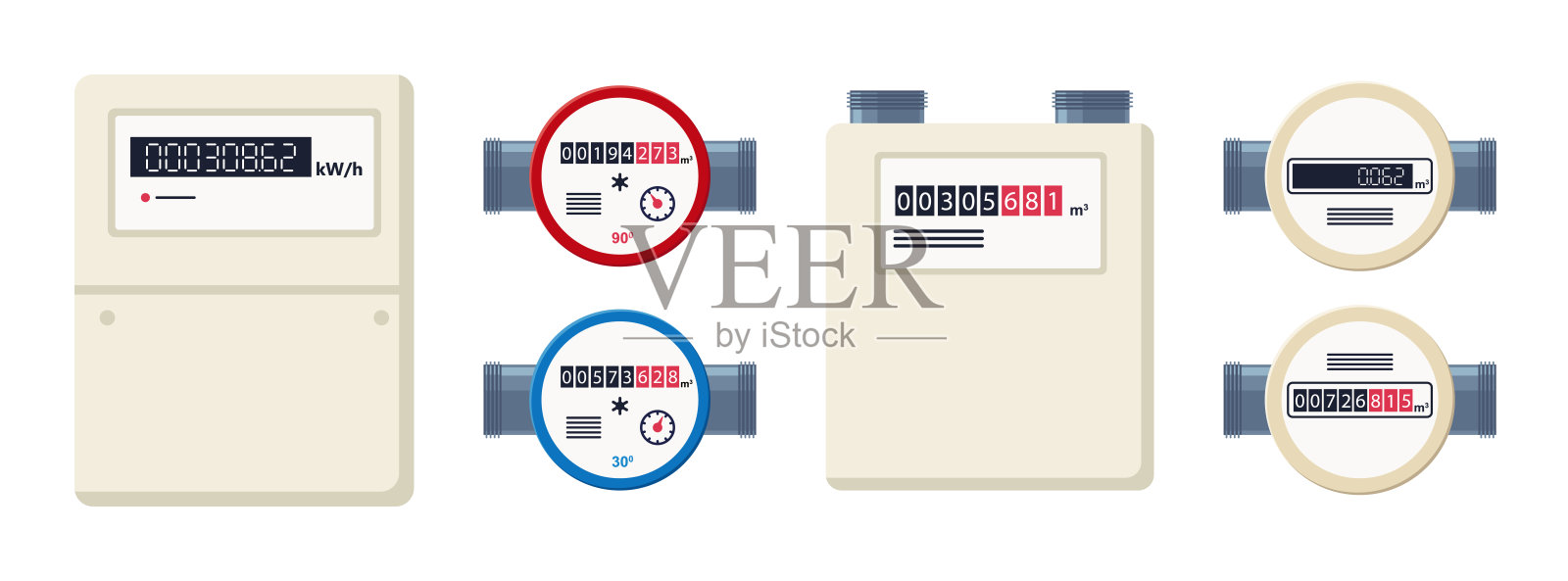 煤气表、水表和电表。工业和家用成套仪表。燃料、水、电消耗控制。气体计数器。在白色背景上孤立的平面矢量插图的集合插画图片素材
