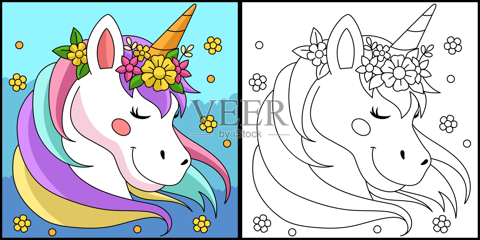 独角兽戴花环着色页插画图片素材