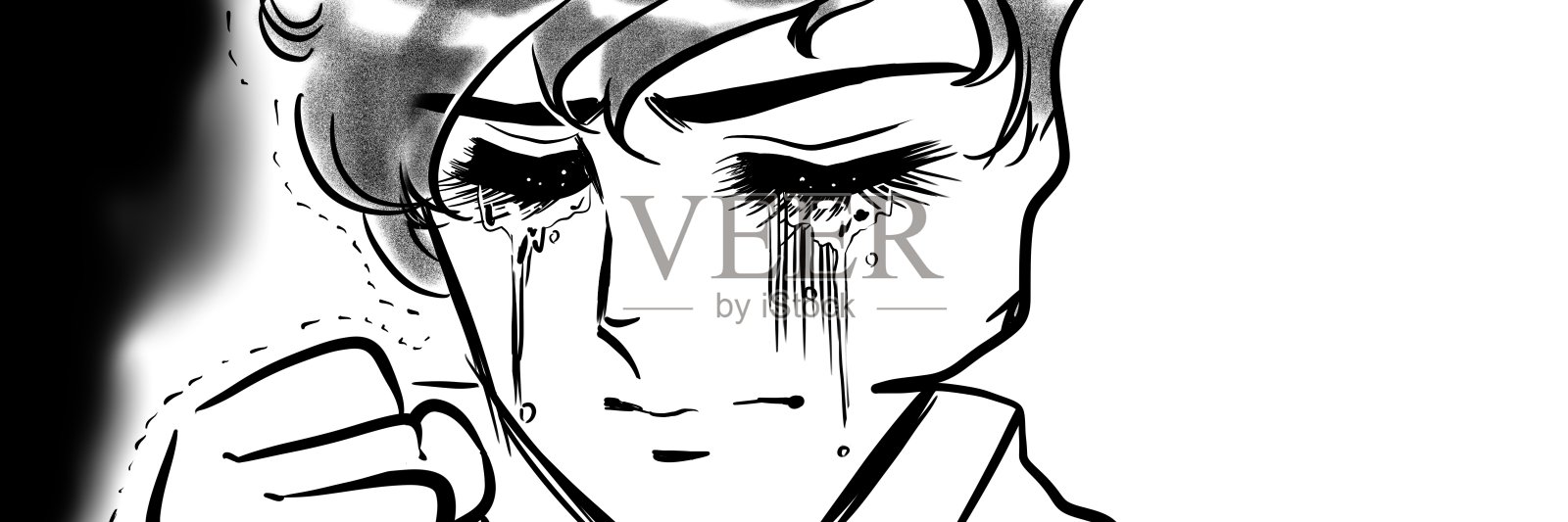 插图的一个美丽的男孩黑发和自然烫发谁是心碎和哭了很多，在一个70年代的少女漫画的风格。插画图片素材