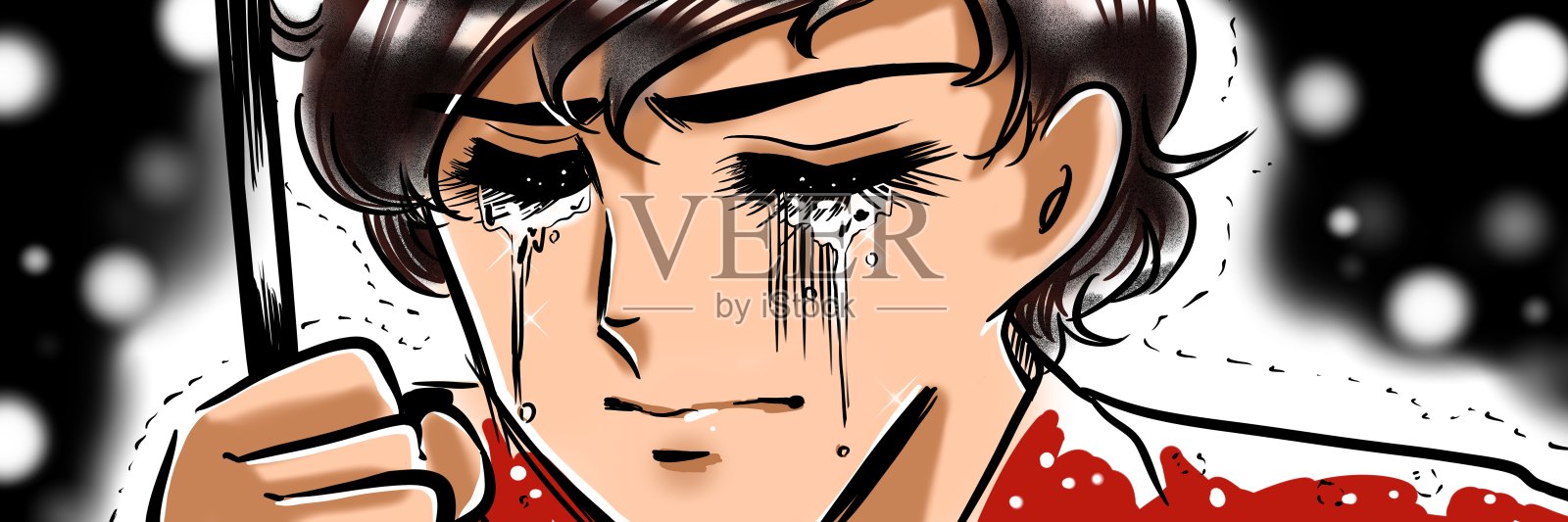 插图的一个美丽的男孩黑发和自然烫发谁是心碎和哭了很多，在一个70年代的少女漫画的风格。插画图片素材