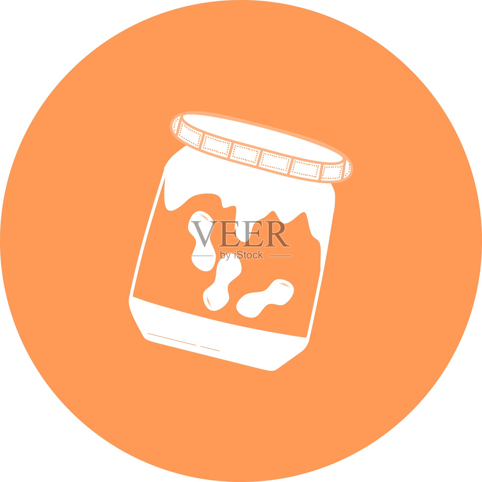 圆圈图标里有几罐花生酱和巧克力奶油。杯装巧克力坚果奶油，形状扁平。矢量艺术插图图标巧克力和花生。插画图片素材