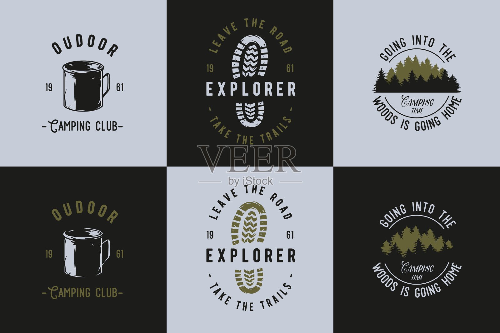 森林露营旅行印刷。户外徒步旅行插画图片素材