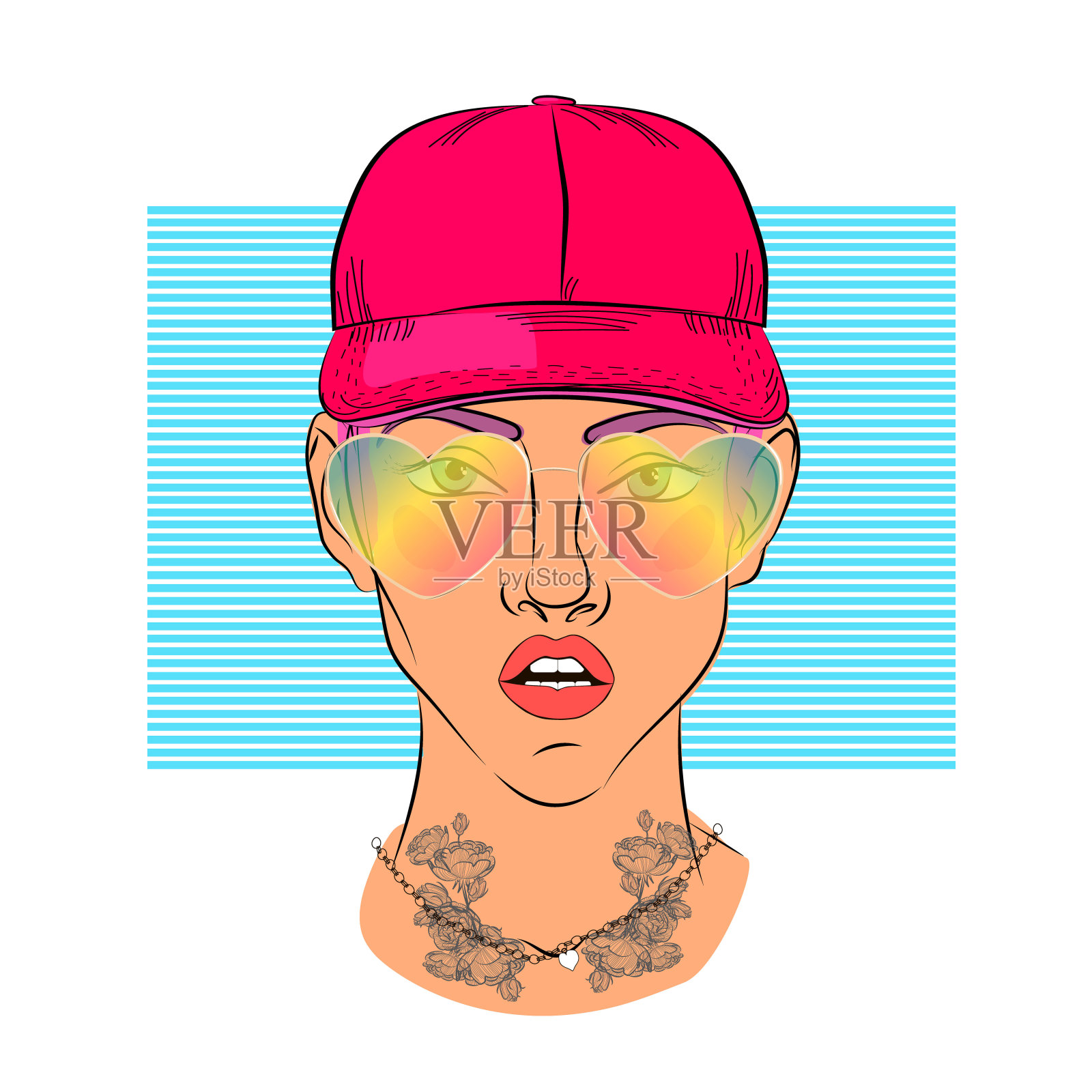 一个戴着粉红色帽子，戴着心形眼镜，脖子上挂着吊坠的女孩。插画图片素材