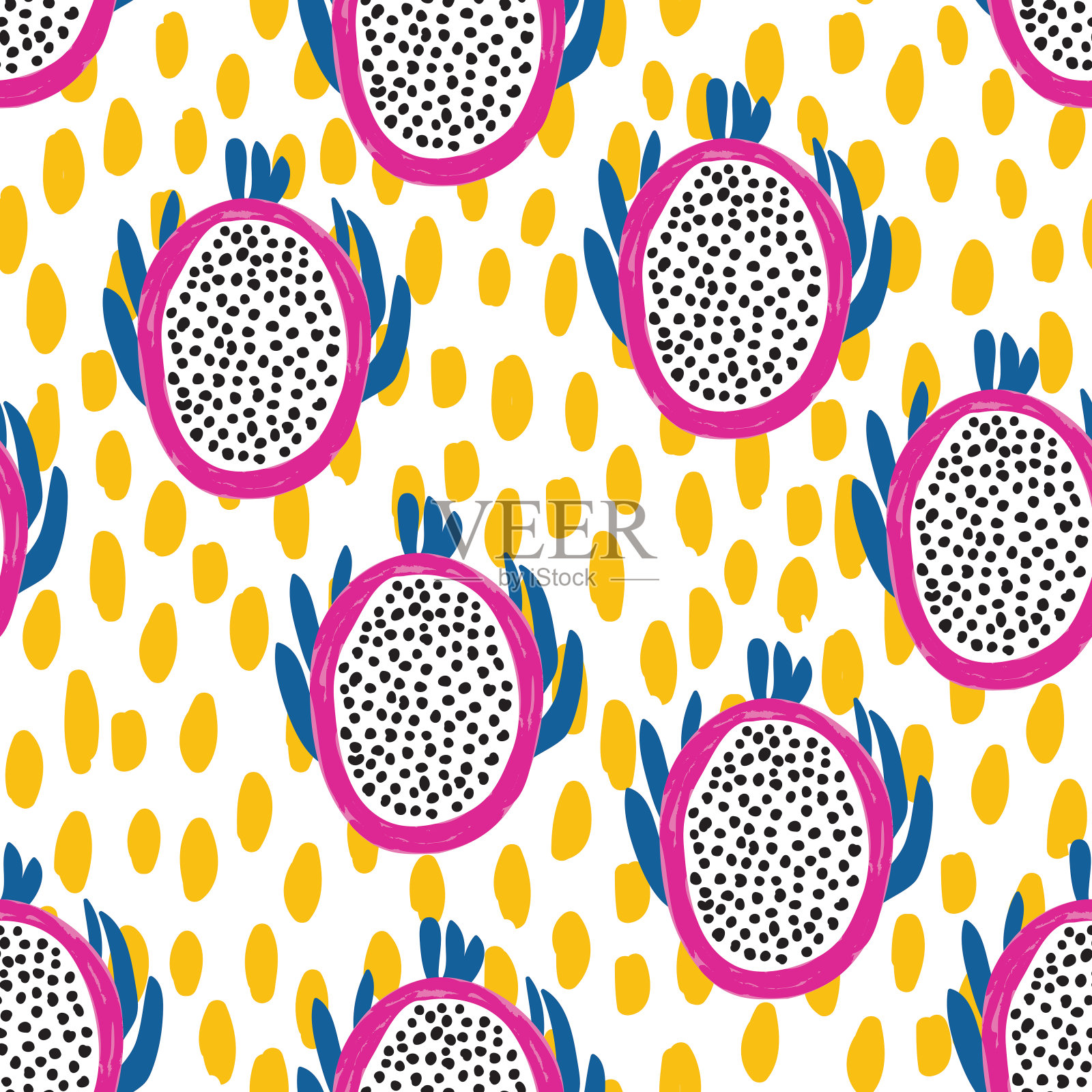 彩色无缝图案手绘火龙果插图龙水果夏季心情，设计为时尚，织物，纺织品，壁纸，封面，网，包装插画图片素材