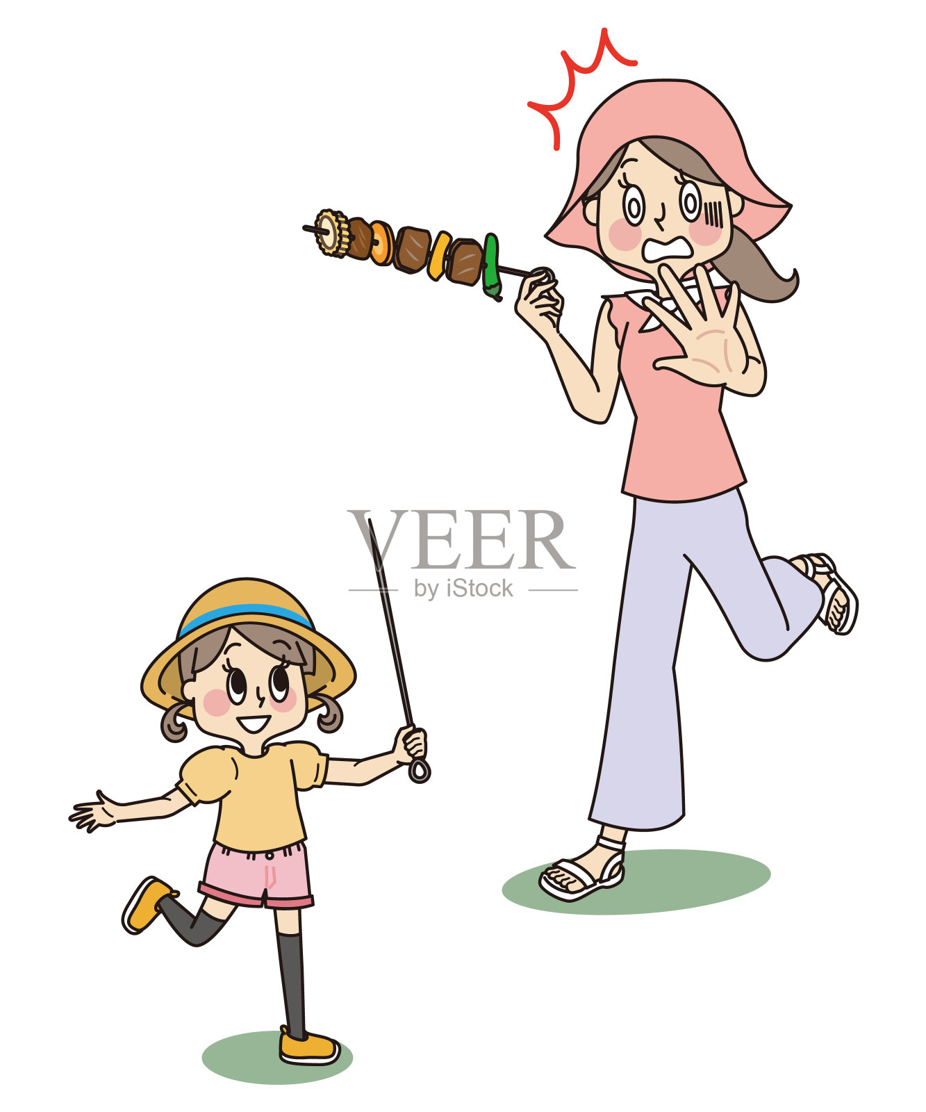 一个拿着烤肉串跑的小女孩和一个惊慌失措的妈妈插画图片素材