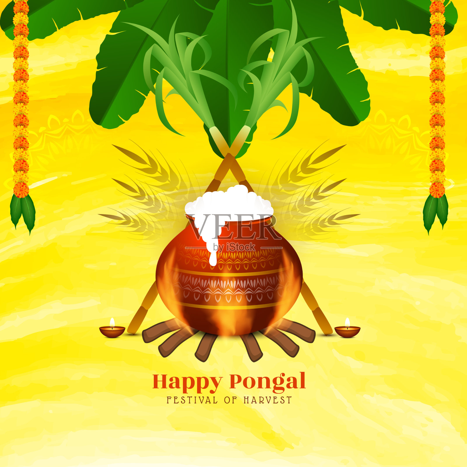快乐的pongal节日黄色背景色插画图片素材