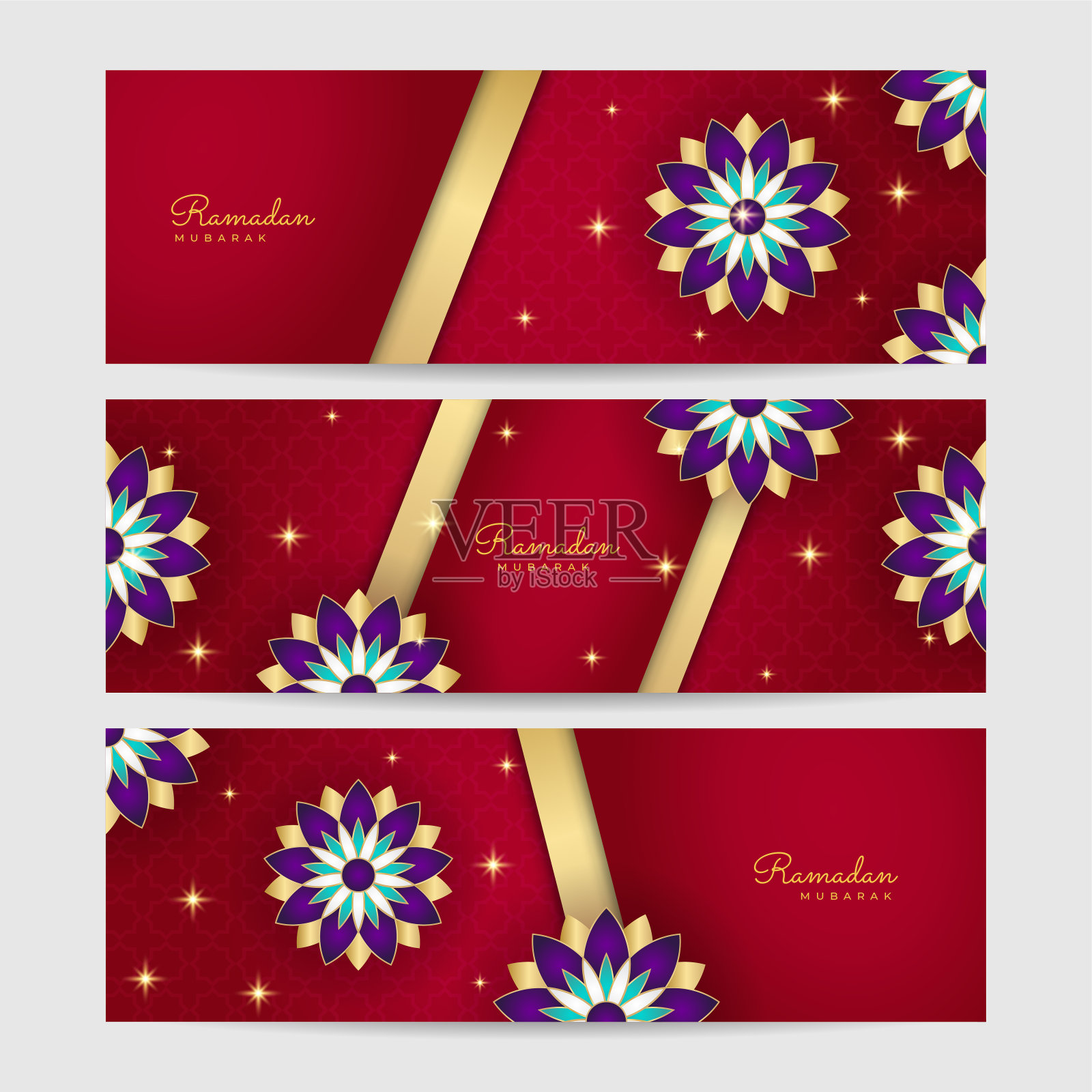 斋月卡里姆旗帜背景有月亮，伊斯兰图案，灯笼。金月亮和红色抽象奢华伊斯兰元素背景设计模板素材