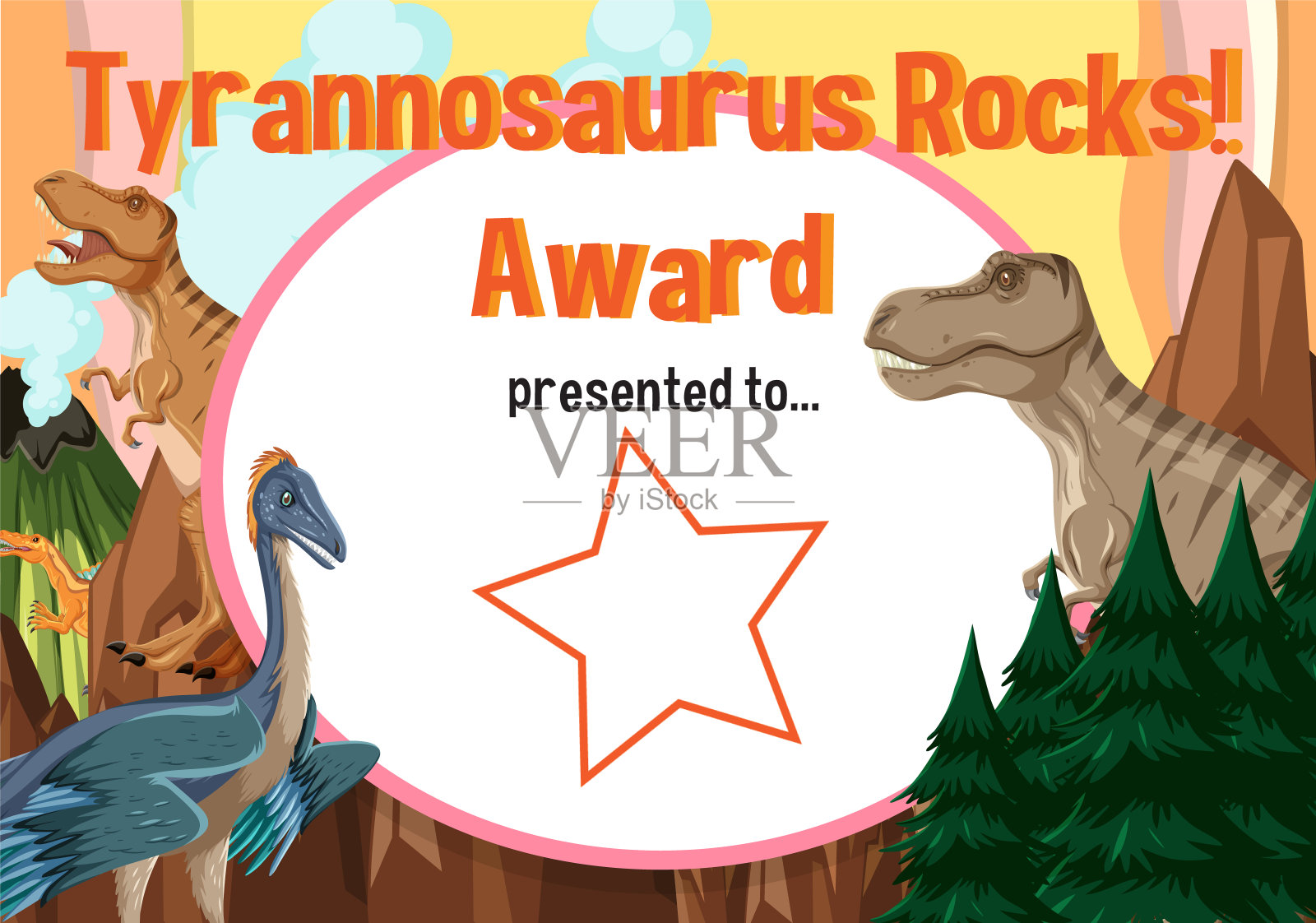 恐龙证书模板在卡通风格插画图片素材