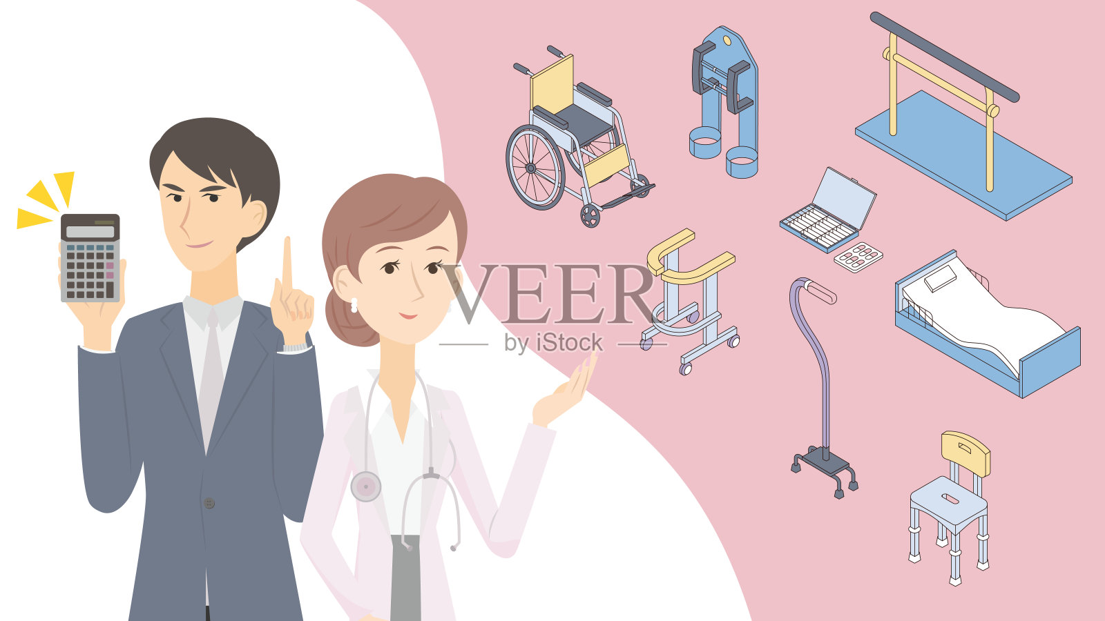 一个拿着计算器的男人和一个介绍长期护理用品的女医生插画图片素材