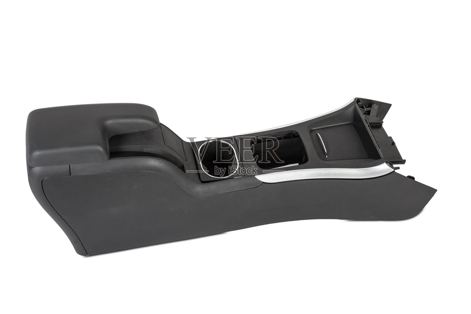 汽车内饰的塑料元素被覆盖在黑色皮革-扶手或手套隔间-在白色背景上有空调孔的备件。目录网站照片摄影图片