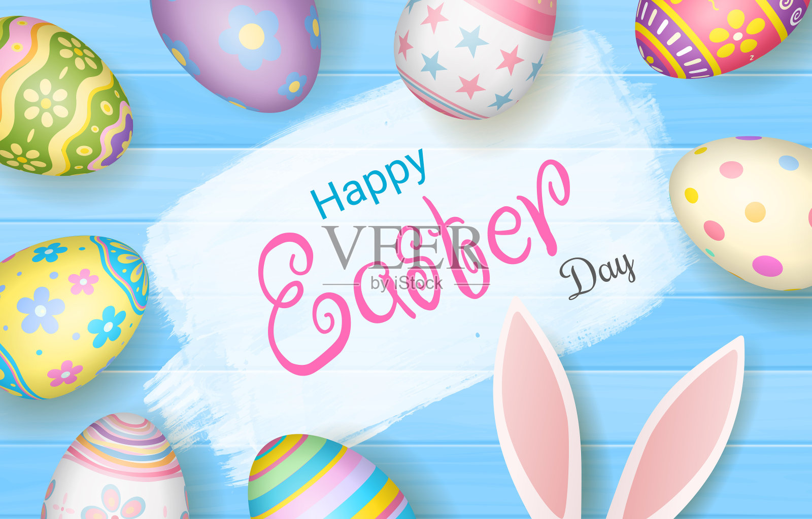复活节快乐彩色鸡蛋在美丽的木材背景与复制空间顶视图设计模板素材